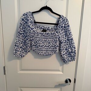MINKPINK White and Blue Floral Blouse